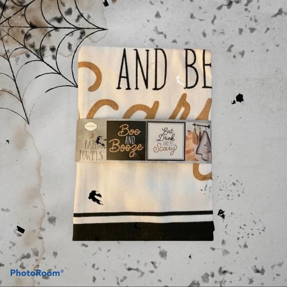 Boo & Booze Black, White & Gold Halloween Bar Towels Set of 2